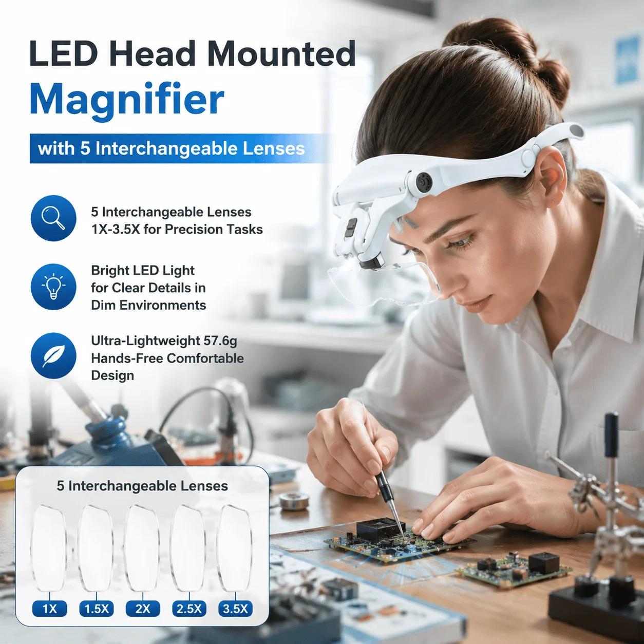 LED Head Mounted Magnifier with 5 Lenses 10x to 35x Adjustable Focus Hands Free Loupe for Precision Work Great for Electronics Repair Soldering Micro Assembly Jewelry Inspection and Craft Projects Bright LED Lighting for Clear Detail