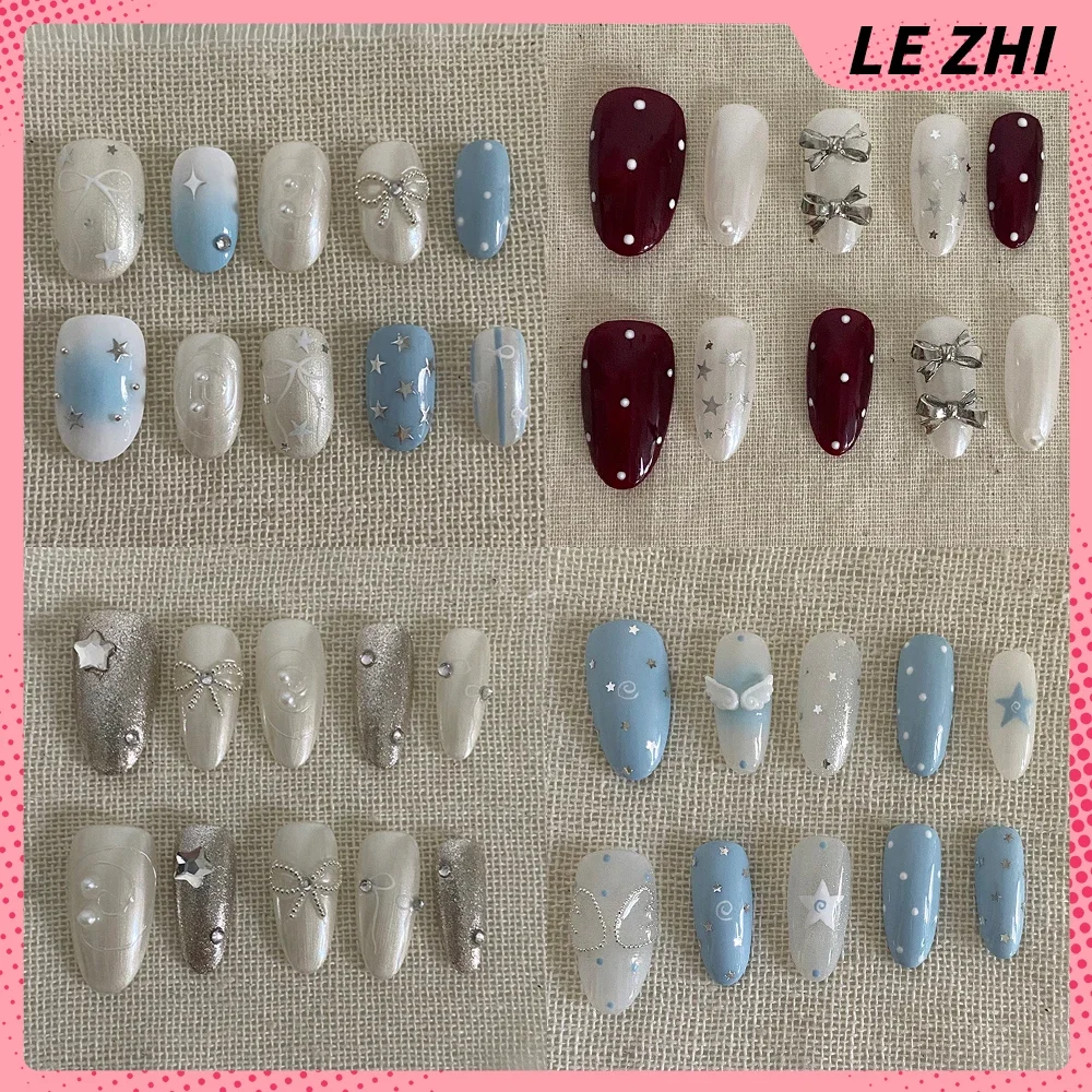 Almond Square French Simplicity Press On Nails Art Polka Dot Star Bow Wings Y2K Retro 10Pcs Handmade Customizable Shape Nails