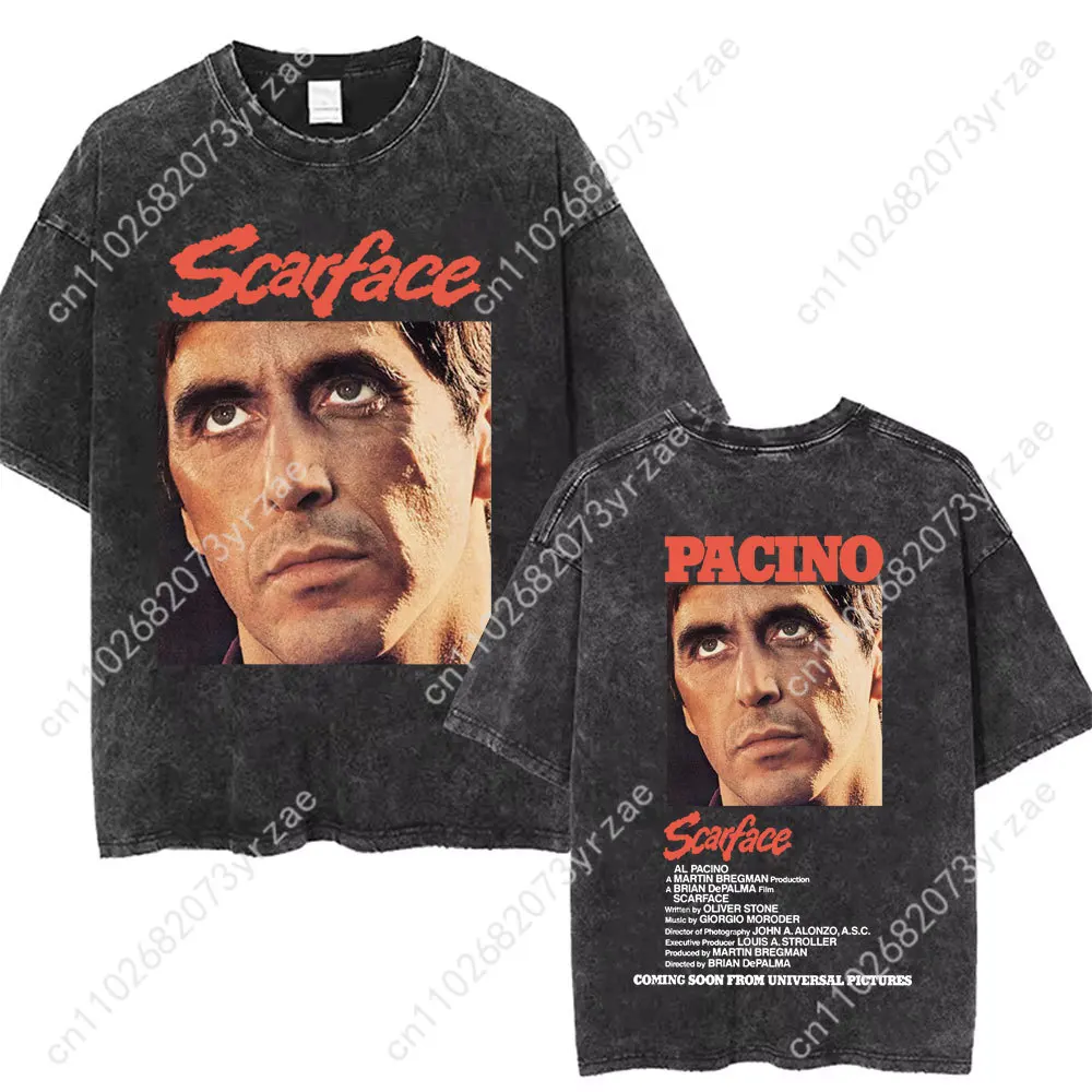 Scarface Retro Wash Tshirt 남자 여자 고품질 빈티지 T 셔츠 코튼 반팔 패션 T 셔츠 부드러운 통기성 탑