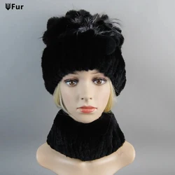 New Style Lady Knit Fur Hats Muffler 2 Pieces Women Warm Rex Rabbit Fur Hat Scarf Sets Winter Natural Rex Rabbit Fur Cap Scarves
