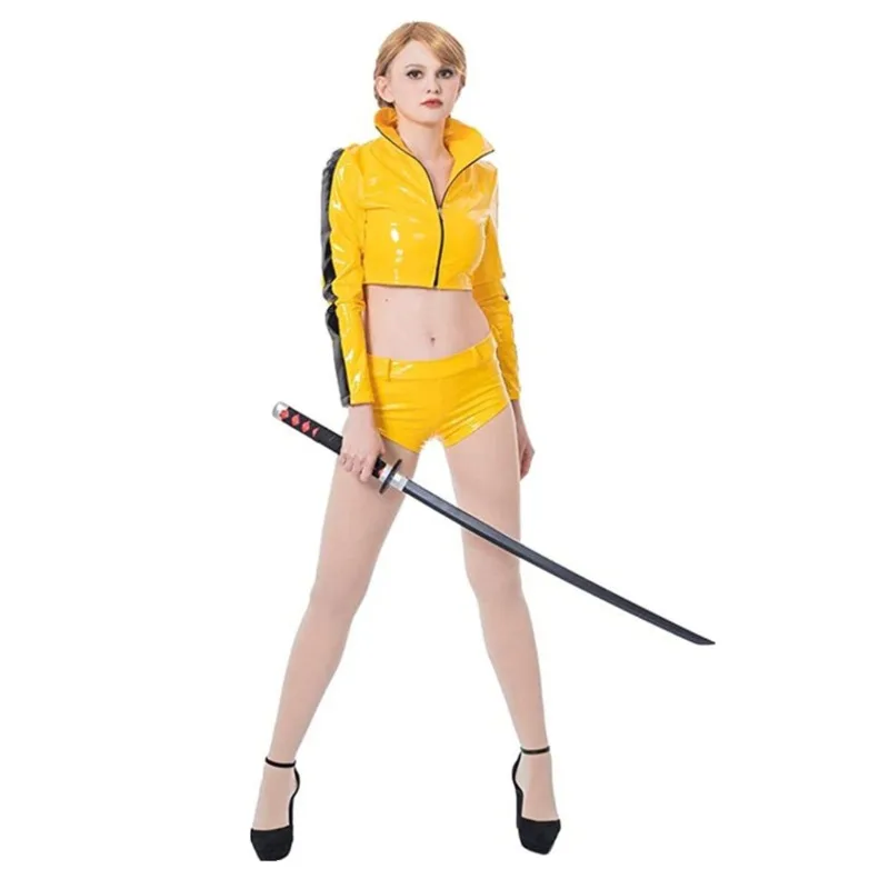 Movie Kills Bill The Bride Cosplay Costume Yellow Faux Leather Crop Top Shorts 2‑Piece Set Women Halloween Party Cos Outfits