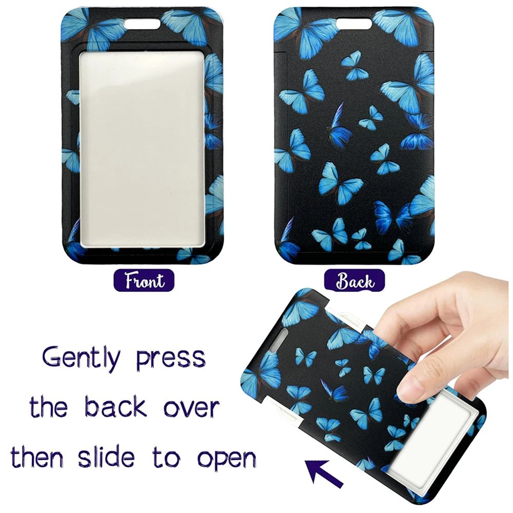 Blue Butterfly Credit Card ID Holder Bag Student Women Travel Bank Bus Business Card Cover Badge Accessories Lanyard Straps Gift