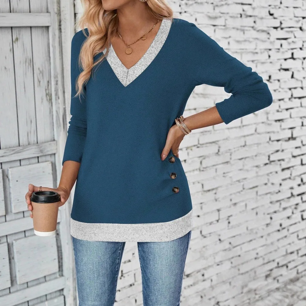 2025 Fall Winter New Fashion Women's Tops Long-Sleeve V-Neck Elegant Gathered Button-Front Solid-Color T-Shirt Y2k Clothing
