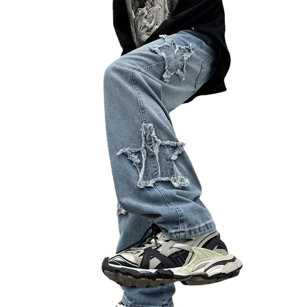 2024 New Fashion Stars Embroidery Men Jeans Pants Y2K Clothes Straight Hip Hop Cotton Trousers Pantalon Homme streetwear