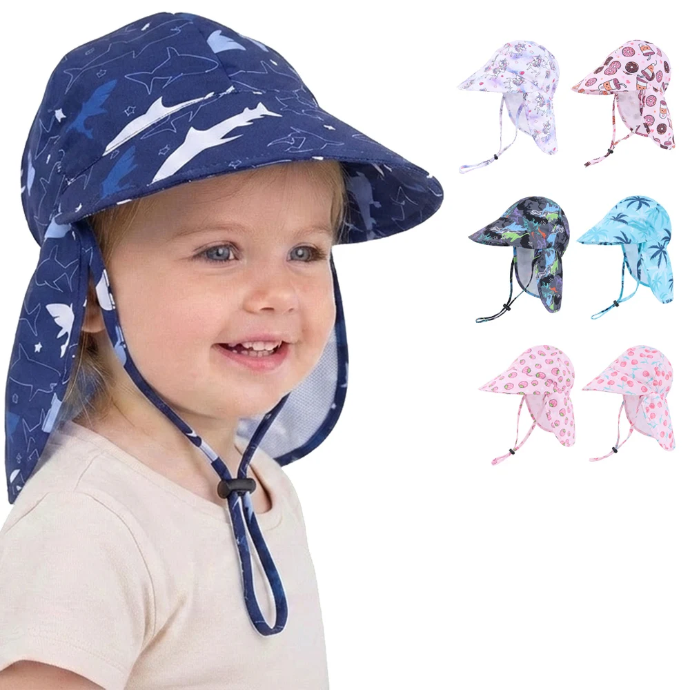 Neue Sommer-Kinderhüte mit Schulttertuch, Cartoon-Design, weicher Rand, schnelltrocknend, Sonnenhut für Kinder, Outdoor-Sonnenhut für Jungen und Mädchen, Strandhut