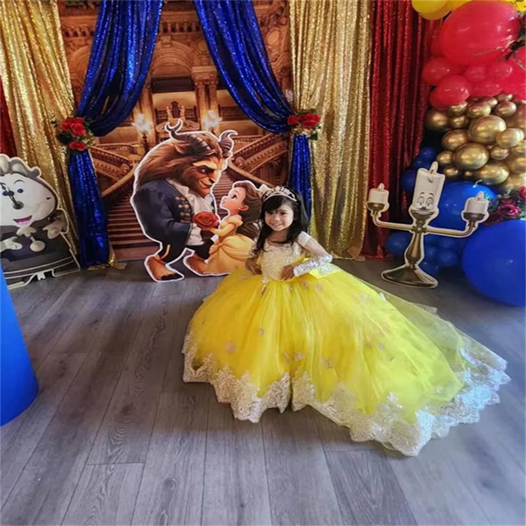 Customized White Lace Appliqués Light Yellow Flower Girl Dress Wedding With Bow Eucharistic Birthday Party Prom Customised