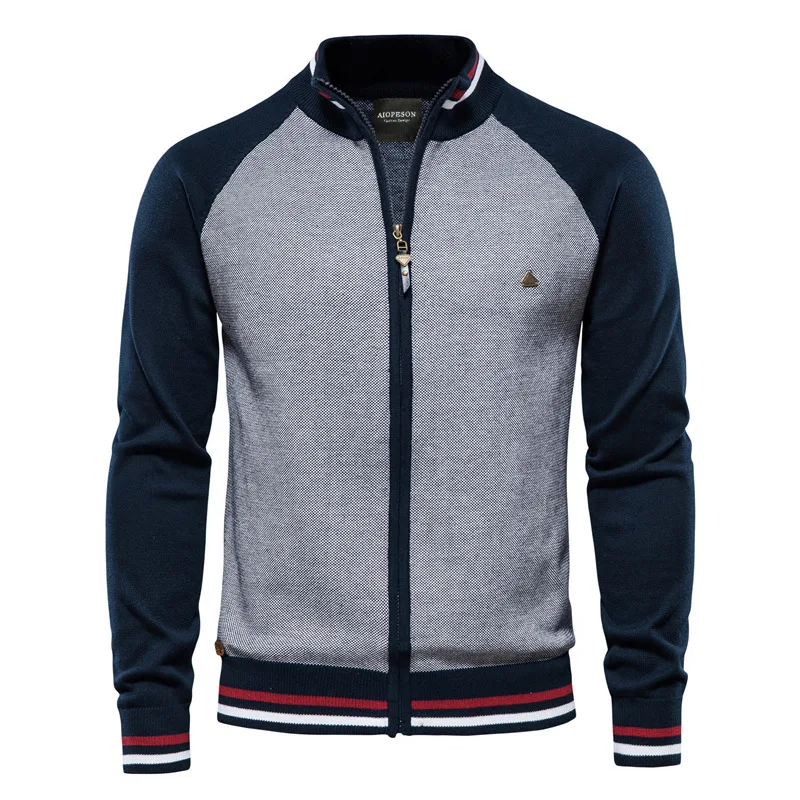 Suéter informal de negocios para hombre, Chaqueta de punto para hombre, cuello levantado, contraste de Color, Algodón puro, chaqueta ajustada coreana