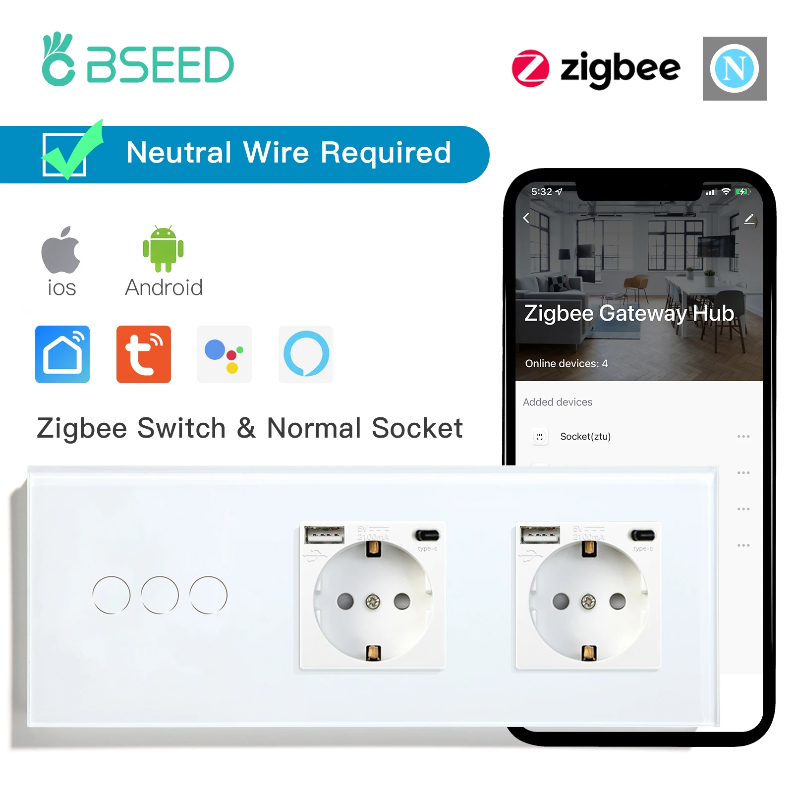 BSEED Zigbee 1/2/3Gang Touch Smart Switches Tuya Smart Life App Control Plus Typ-c USB Steckdosen EU Standard Glas Panel 9