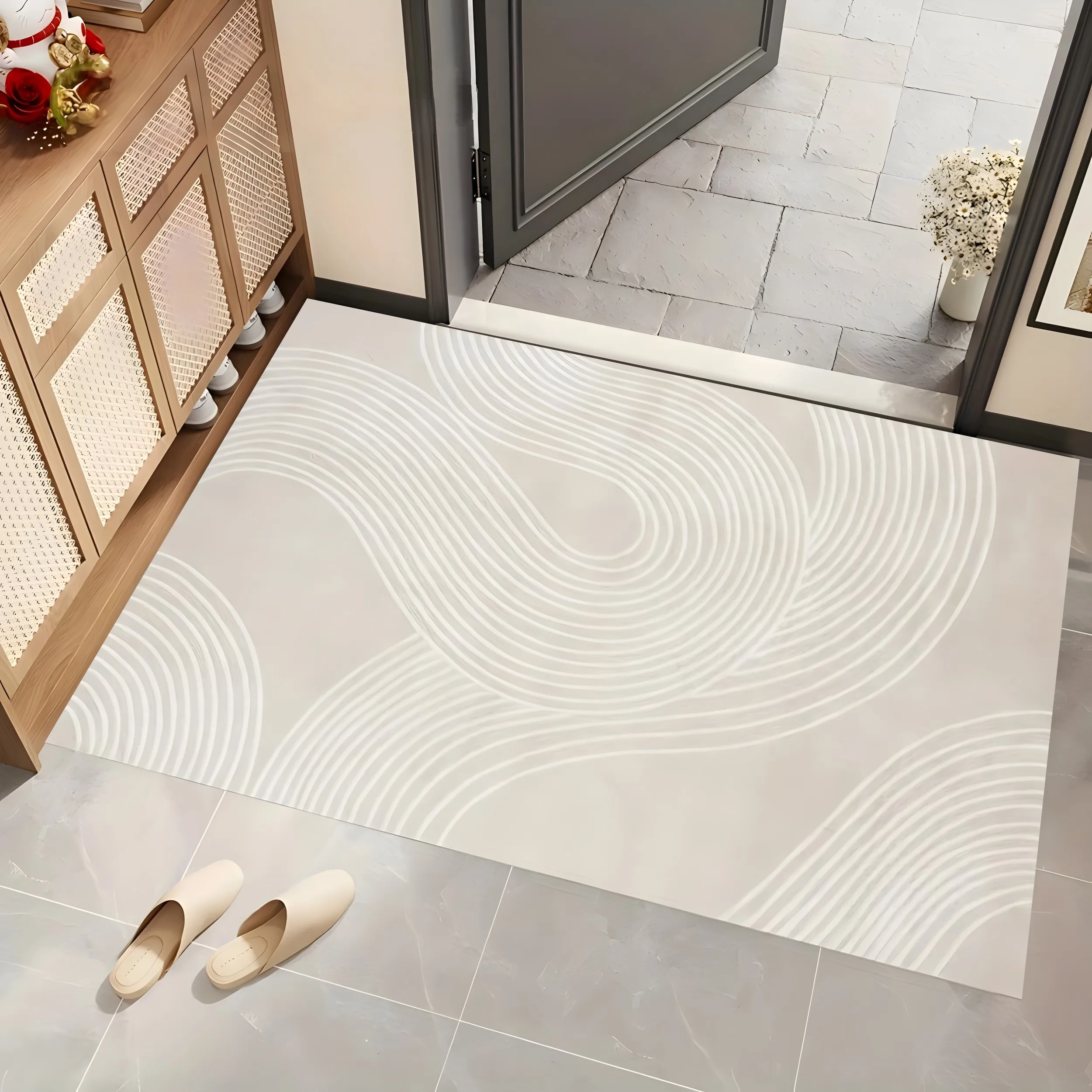 2D Large Carpet Milky White Flowing Curved Lines Minimalist Wabi Sabi Style Living Room Bedroom Rug