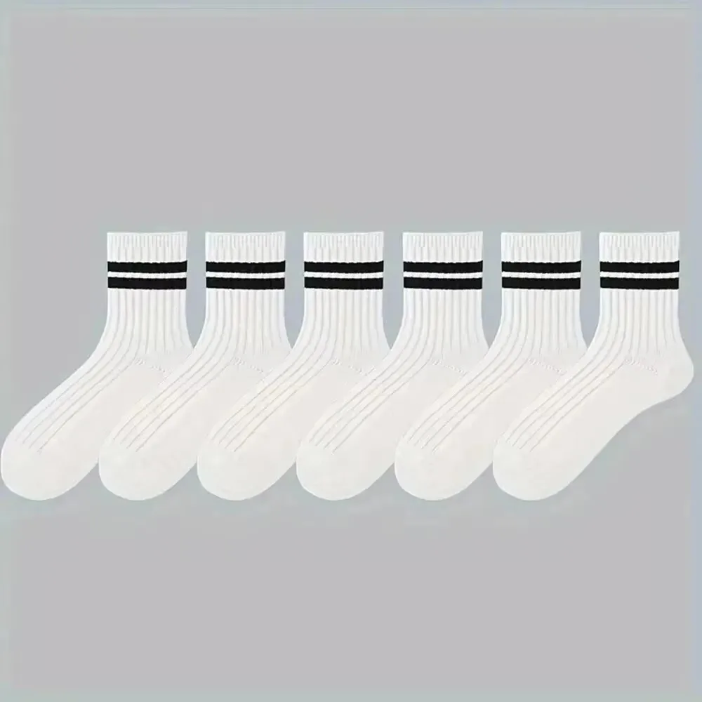 6/10 Paar Herrensocken für Frühling und Herbst, schlicht, lässig, schwarz-weiß gestreift, atmungsaktiv, mittellange Socken, hochwertige Rundhalssocken – Detail 6
