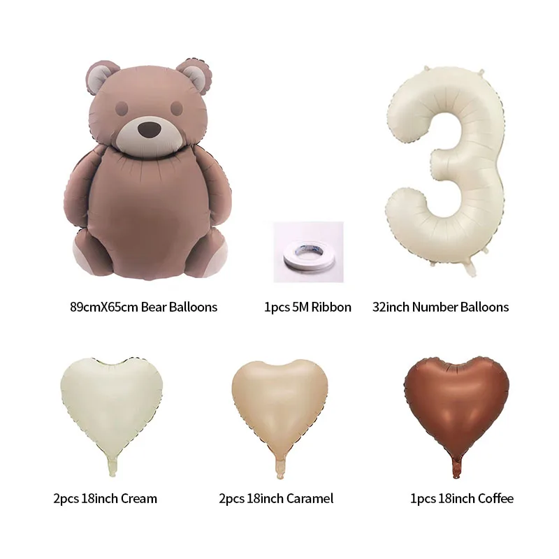 8pcs Cream Number Bear Heart Foil Balloons 3rd Birthday Party Decorations Kids Girl Boy Baby 1 2 3 4 5 6 7 8 9 Year Old Supplies