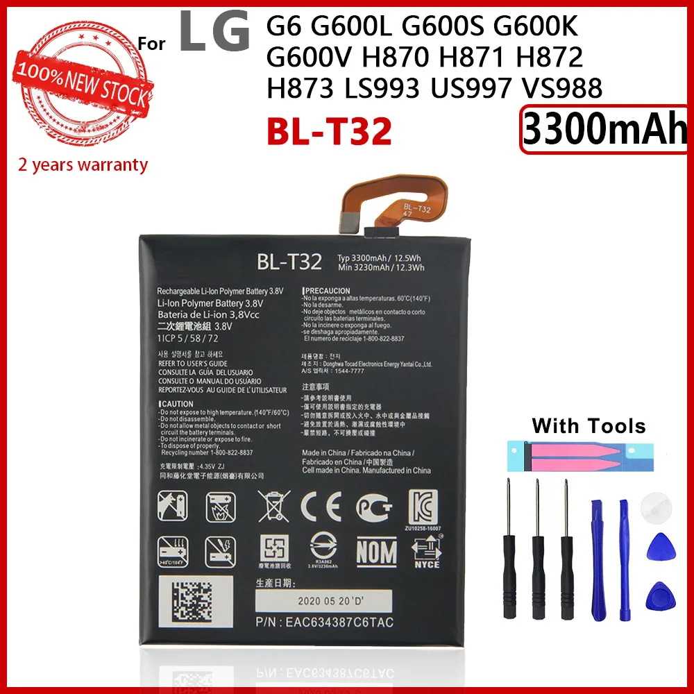 100% Genuine BL-T32 Battery For LG G6 G600L G600S G600K G600V H871 H872 H873 LS993 US997 VS988 T32 BLT32 3300mAh+Gifts Tools