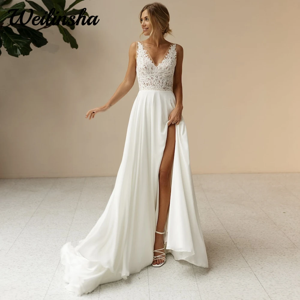 

Weilinsha Wedding Dress with Side Split A Line Chiffon Lace Civil Bridal Gowns for Brides V Neck Sweep Train Vestido De Novia