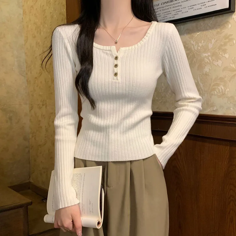 Maglione da donna lavorato a maglia autunno inverno tinta unita basic slim button-up o-collo pullover donna coreano corto morbido caldo maglione lavorato a maglia