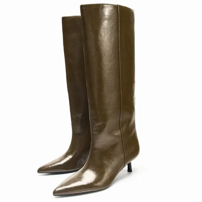 

Designer Women Heels Boots Women Luxury Pointed Toe Winter Long Boots Female Concise Leather Kitten Heel Fashion Knight Boots