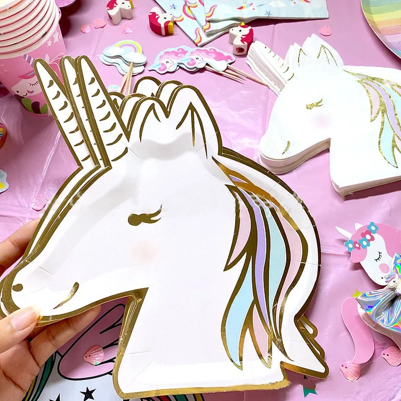 Unicorn Disposable Tableware Unicorn Party Supplies Paper Plates Napkins Happy Unicorn Birthday Party Decor Rainbow Horse Girl