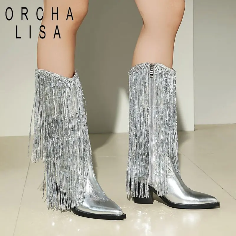 

ORCHA LISA Fashion Women Mid Calf Boots Pointed Toe 7cm Chunky Heels Side Zipper Fringe New Cool Big Size 40 41 42 Winter