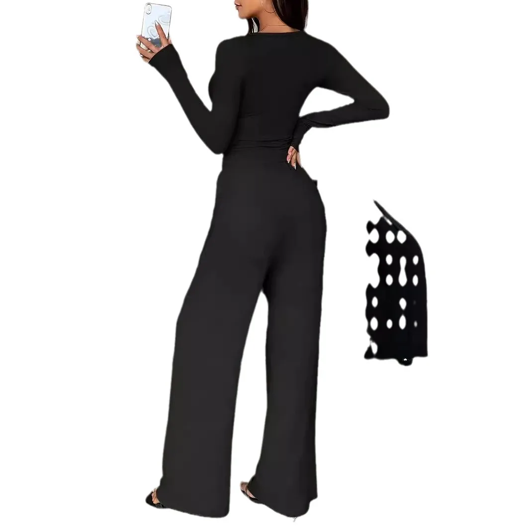Home Clothing Pants Sets Women Casual Solid Color Buttons Slim Cropped Top High Waist Trousers Two Piece Set Female 2 Piece Suit