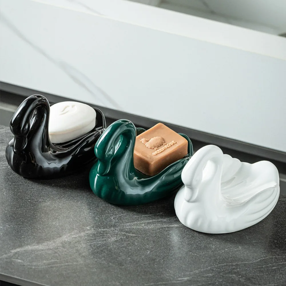 Swan Ceramic Soap Dish Drainable Soap Box Creative Animal Shape Soap Holder Bathroom Sink Decor Storage Bathroom Accessories