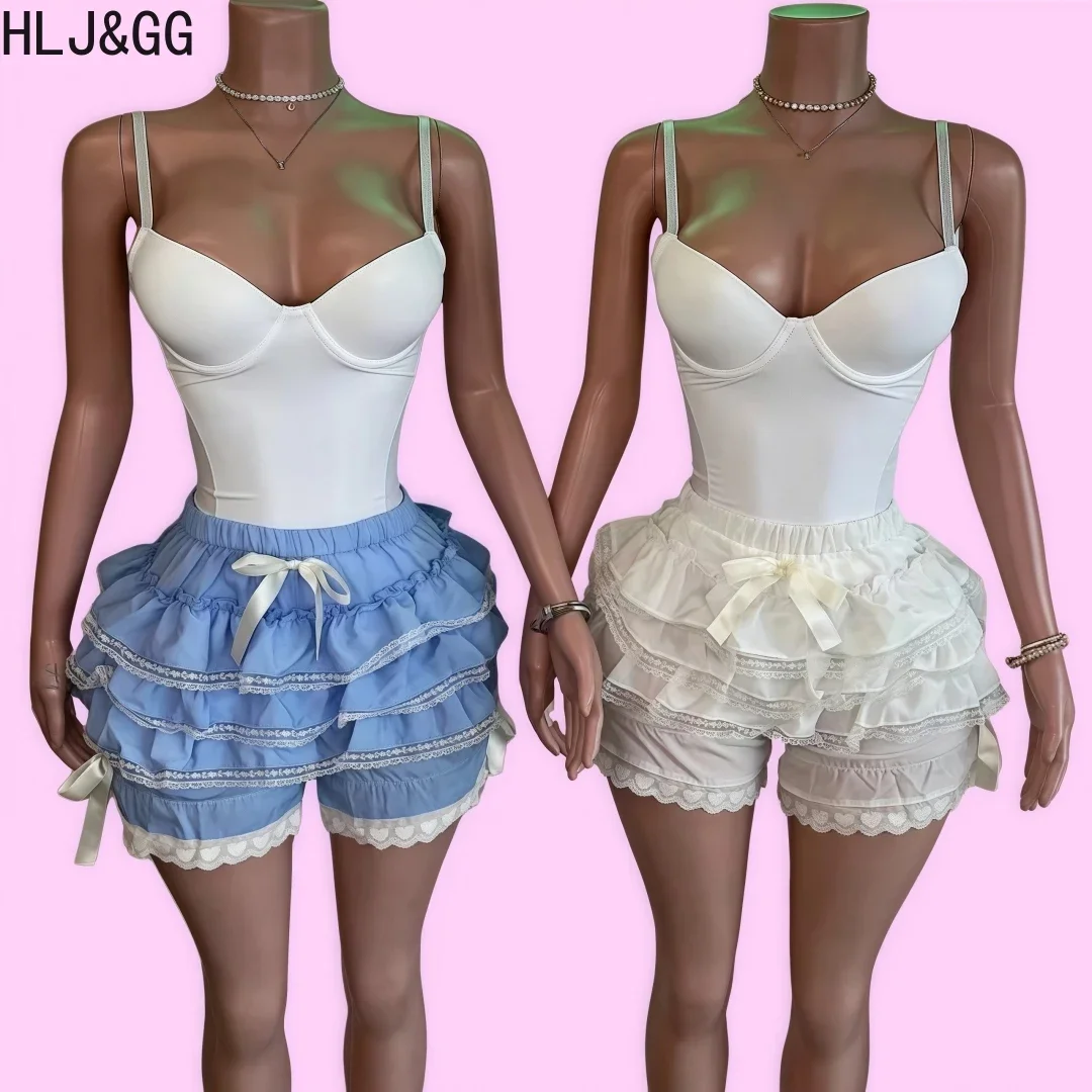 

HLJ&GG Fashion Sweet Ruffle Lace Patchwock Shorts 2 Piece Sets Outfits Women Thin Strap Bodysuits + Bow Shorts Y2K Clothing 2024