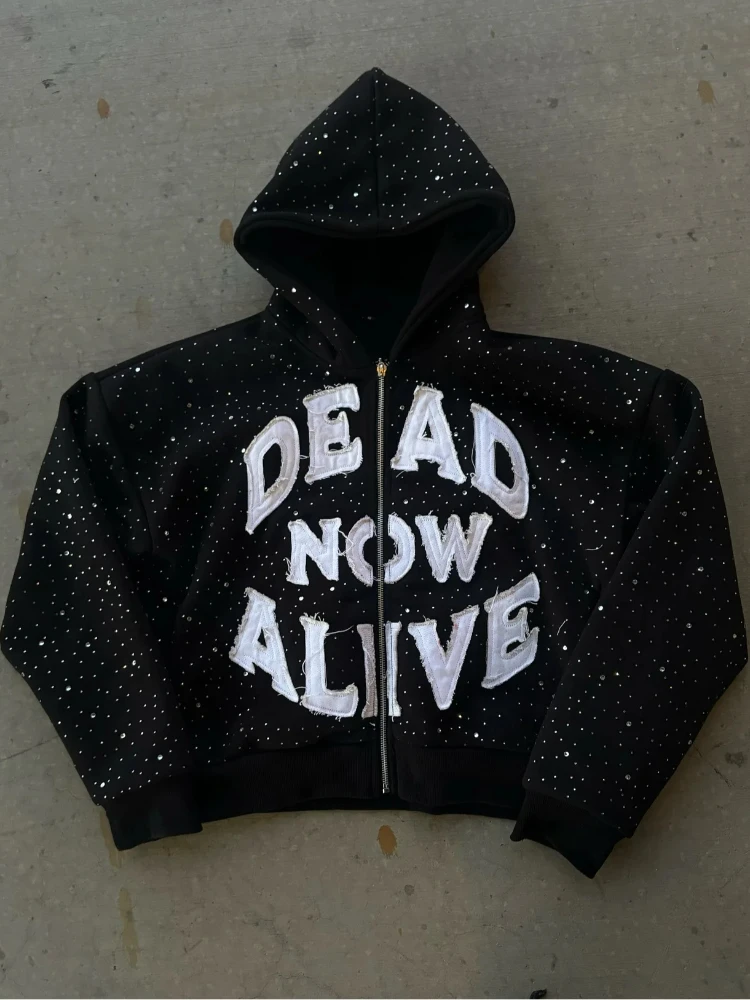 

Patchwork English Brick Zipper cardigan Hoodie Long Sleeve Personalized Loose Coat Winter Dark Lazy Style Versatile Hoodie