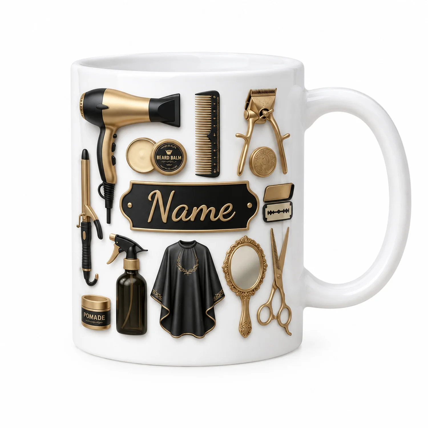 Custom Barber Coffee Mug 11oz Ceramic Cup 325ml, Gold Barber Tools Print, Add Your Name, Gift for Barbers and Hairstylists