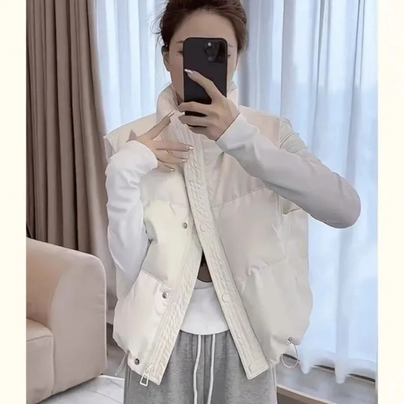 2024 New Disposable PU Leather Vest Coat Women Autumn Winter Loose Sleeveless Jacket Short Stand Collar Waistcoat Thick Top Lady