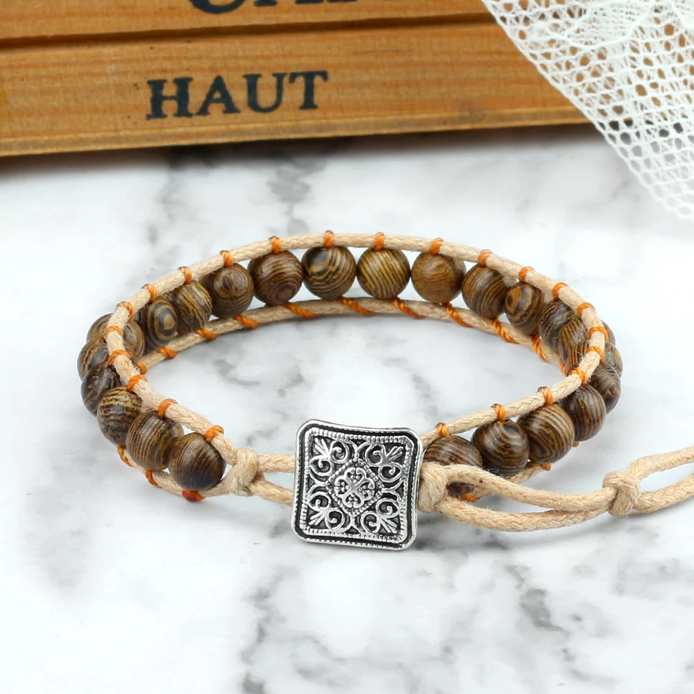 6mm Braided Rope Wood Beaded Bracelets Women Men Handmade Charm Tibetan Buddha Bangle Adjustable Yoga Meditation Fashion Jewelry