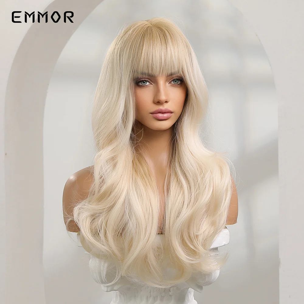 Emmor Synthetic Ombre Blonde Platinum Wigs Long Wavy Wig for Women with Bangs Party Daily Heat Resistant Fibre Hair Wigs