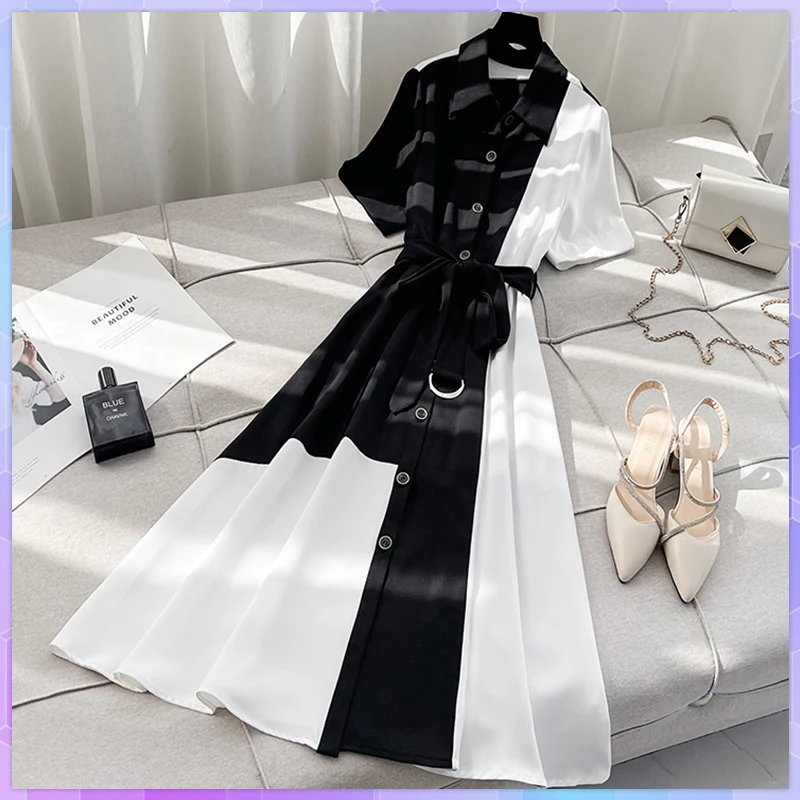 Casual Short Sleeve Long Shirt Dresses For Women Black White Summer Patchwork Long Dress Clothing Femme Robe Vestidos Largos 원피스