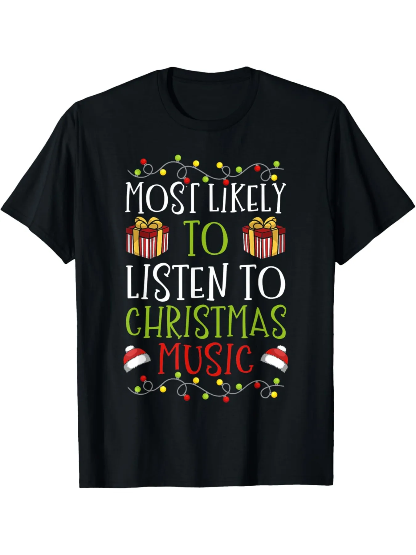 เสื้อยืดคริสต์มาสลาย “Listen Yuletide Song” - เสื้อยืดลำลองสีดำสำหรับฤดูร้อน