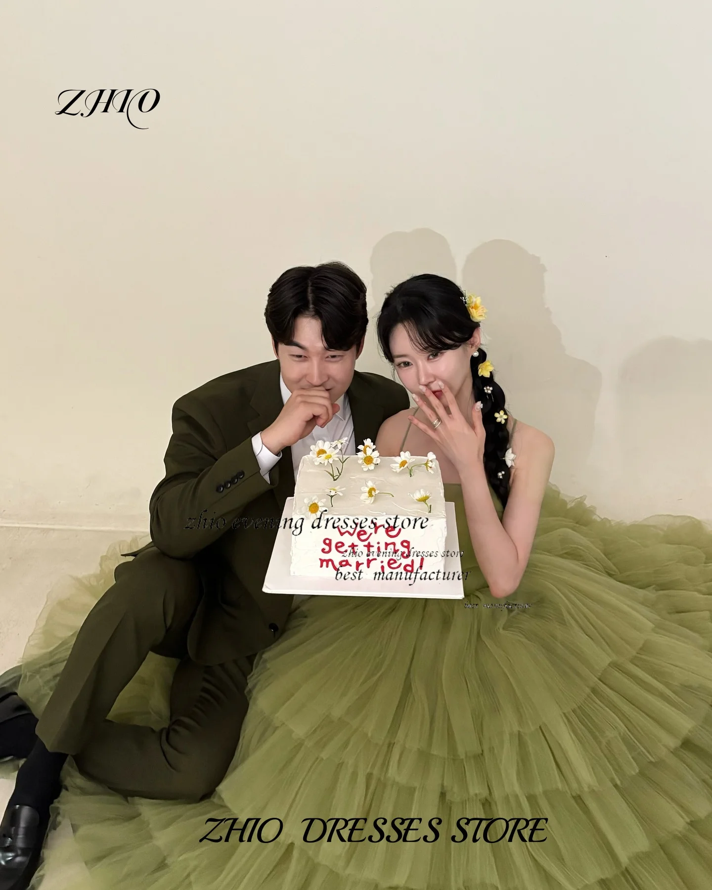 ZHIO Elegante Tule Groene Avond Koreaanse Fotografie A-lijn Band Trouwjurken Vloerlengte Jurken Korset Aangepast  soi soi