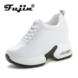 Fujin 8cm buty na koturnie platformy masywne trampki Hollow oddychające damskie letnie trampki czółenka buty skórzane buty z mikrofibry