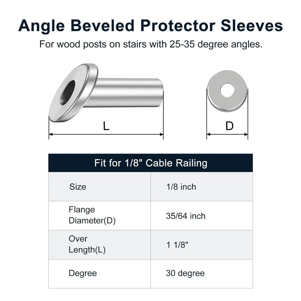 30 درجة 1/8 "الفولاذ المقاوم للصدأ زاوية مشطوف حامي الأكمام 40 حزمة مثقاب الخشب زاوية درابزين كابل T316 البحرية الصف UV