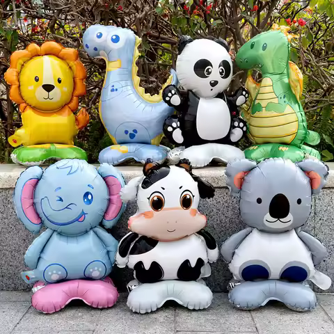Standing Animal Foil Balloons Jungle Safari Inflatable Fox Koala Elephant Panda Cow Dino Foil Balloons Kids Birthday Party Decor