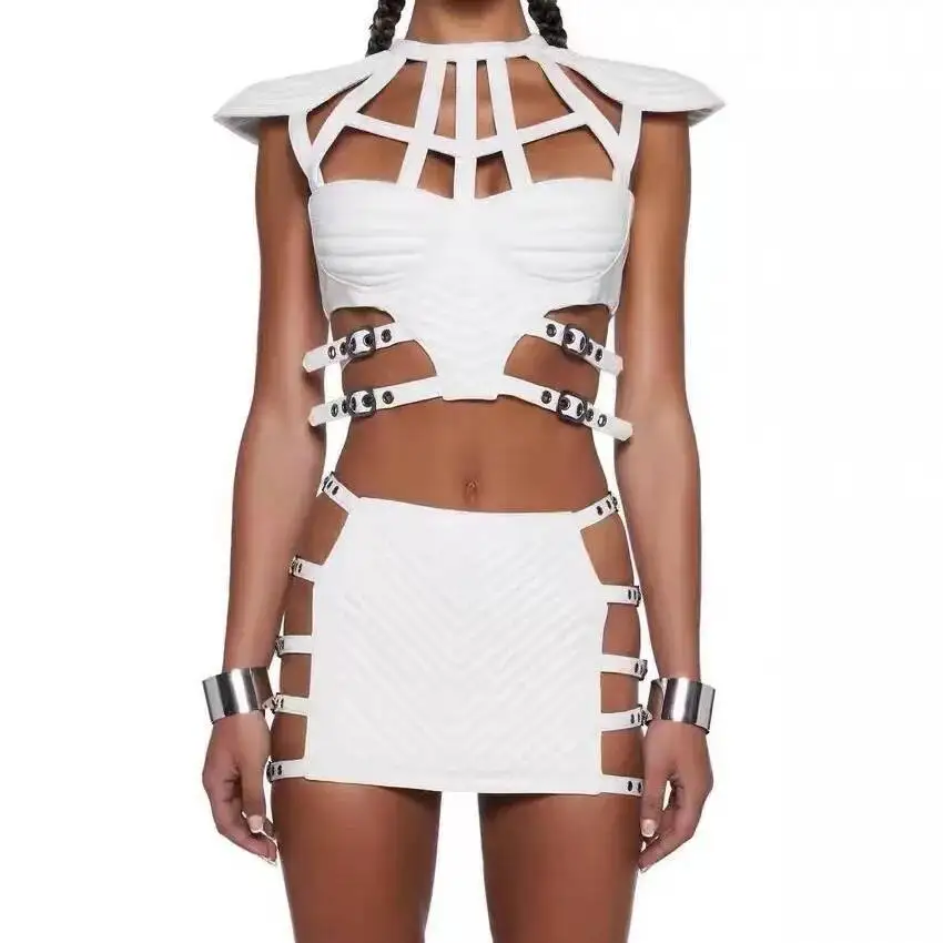 

Trendy Design Hip-hugging Skirt Fashionable Hot Girl Stylish White Hollow Out Halter Top Set
