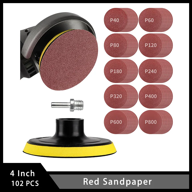 4 Inch Red Sandpaper Hook and Loop with 8MM Drill Adapter Backing Pad 102 Pcs for Polishing and Grinding Car and Metal Wood