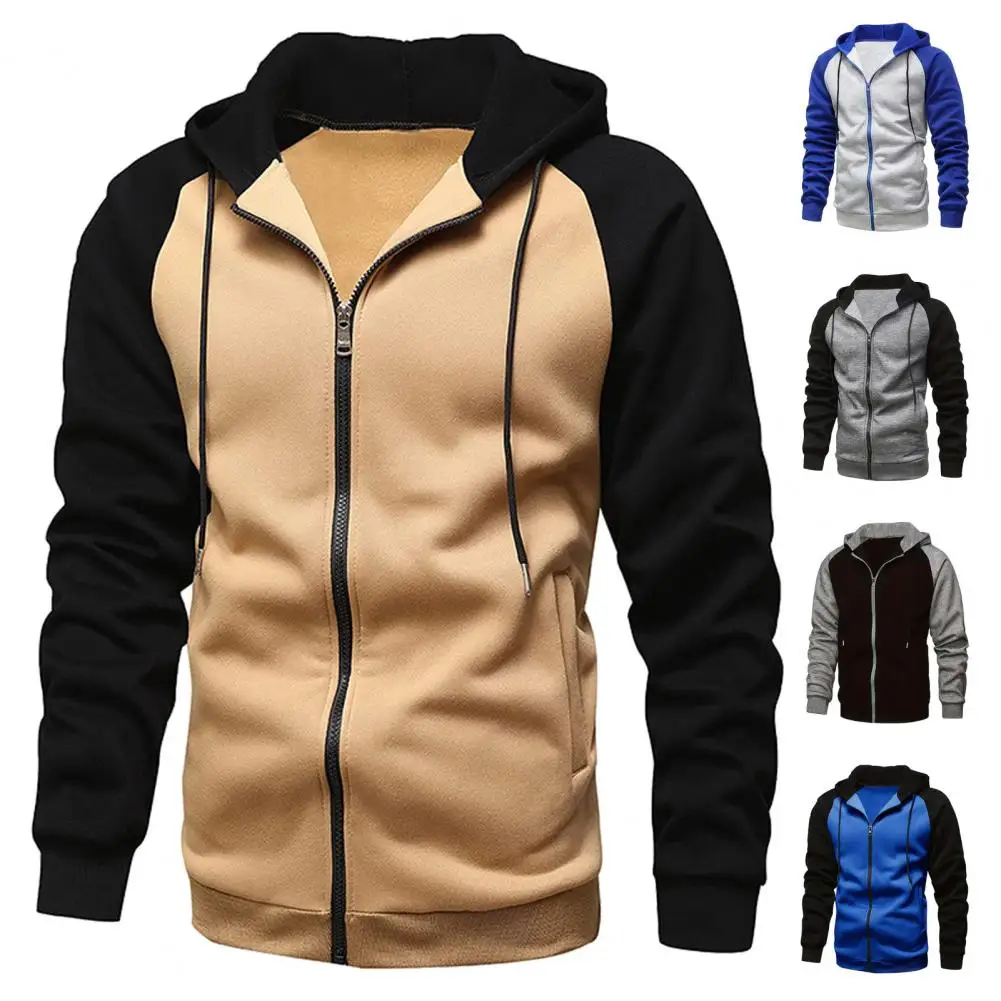 Men Coat Color Blocking Long Sleeve Coat Hooded Zipper Sweatshirt Men's Drawstring Hooded Cardigan Soft Warm Men Coat Streetwear