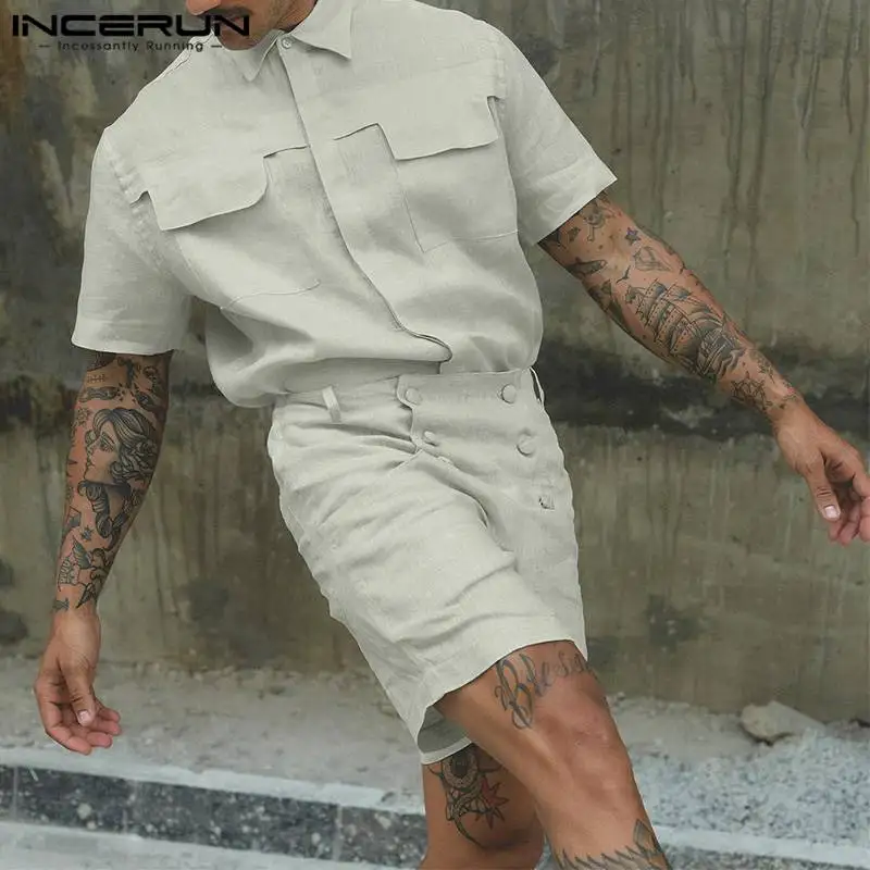 INCERUN Men Sets Solid Color Lapel Short Sleeve Shirt & High Waist Shorts 2PCS Summer Streetwear 2024 Fashion Men\'s Casual Suits