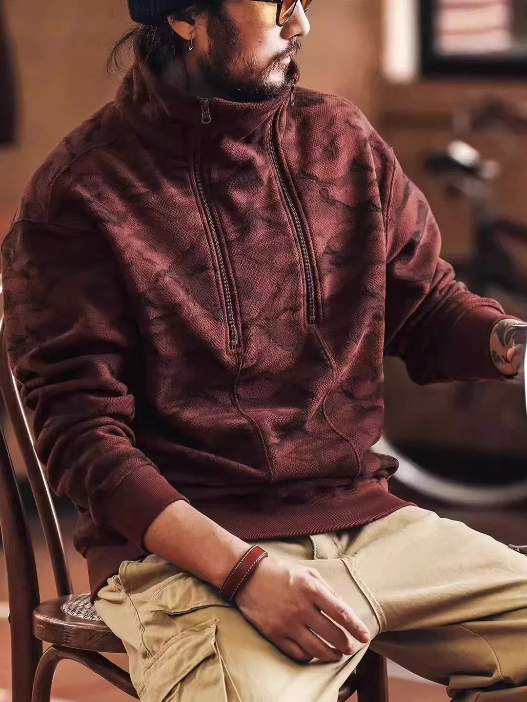 

Мужская свободная толстовка с двойной молнией, повседневная, с эффектом тай-дай, воротником-стойкой, осенне-зимняя, новая, в американском ретро-стиле, большого размера