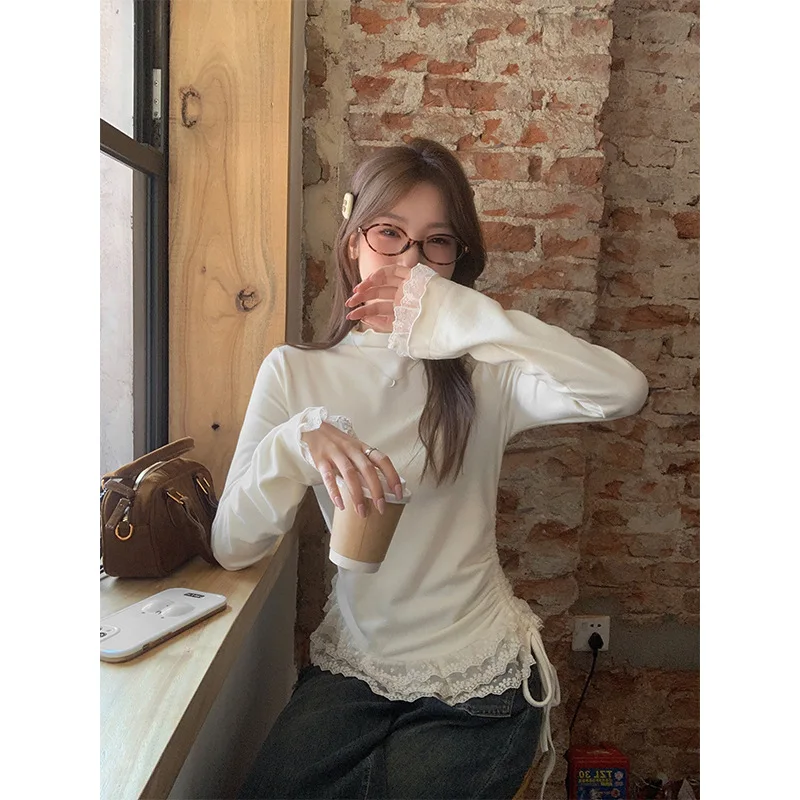 

Half High Collar Ruffled Edge Lined Knitted Long Sleeve Base Shirt For Women, Autumn Winter Lace Trim Patchwork Waist