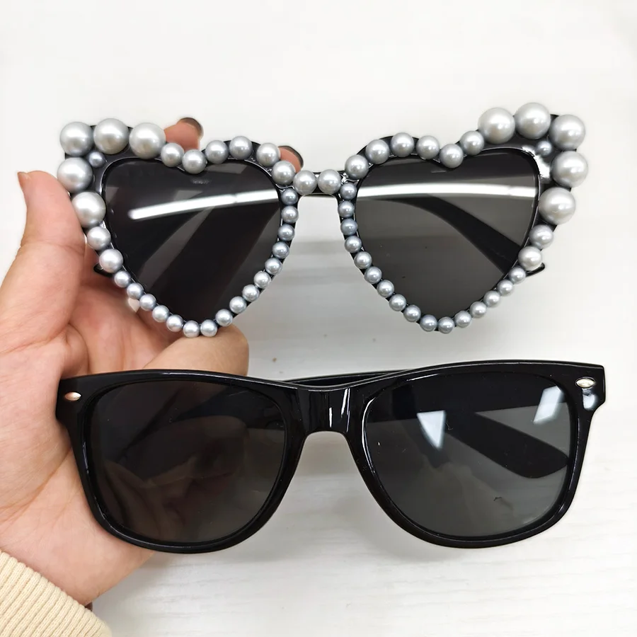 2PCS Pearl Decoration Love Large Frame Y2K retro Style Prom Wedding Party Couple Sunglasses Combination for Men and Women