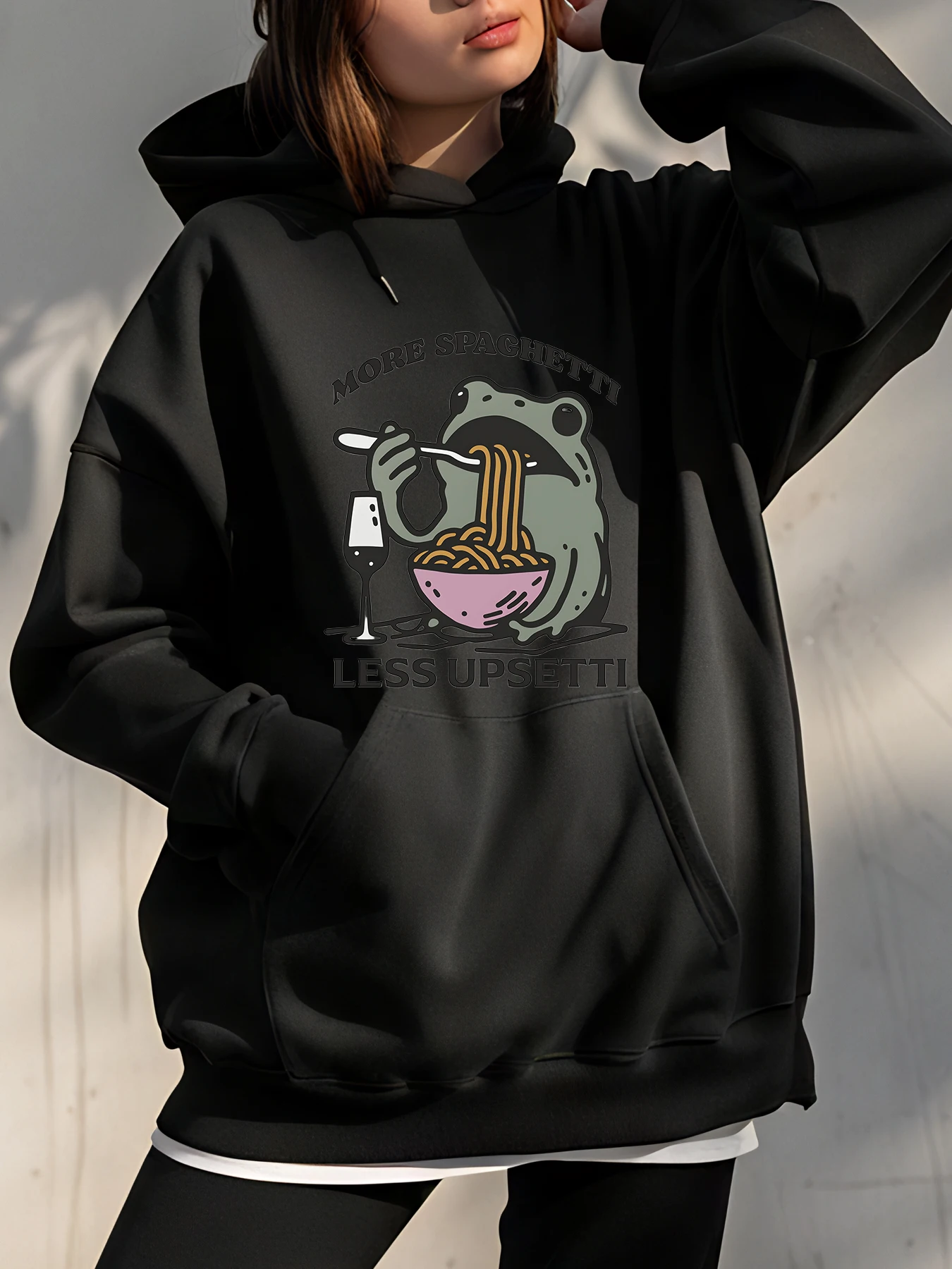 

Толстовка с капюшоном More Spaghetti Less Upsetti Frog Eating Noodles Графический принт Повседневная толстовка большого размера Женская модная уличная одежда
