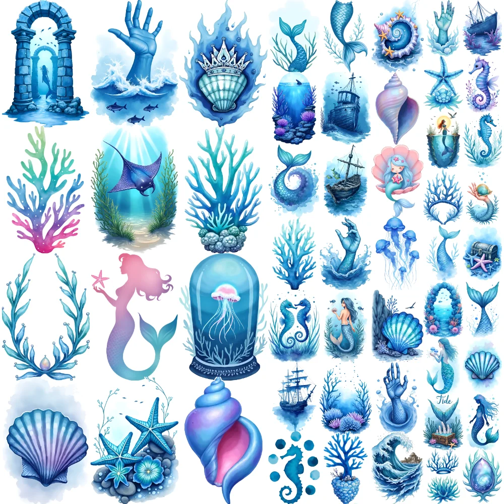 63pcs 임시 문신 불가사리 방수 오래 지속되는 바디 스티커 성인 팔을위한 등대 선박 수채화 해마