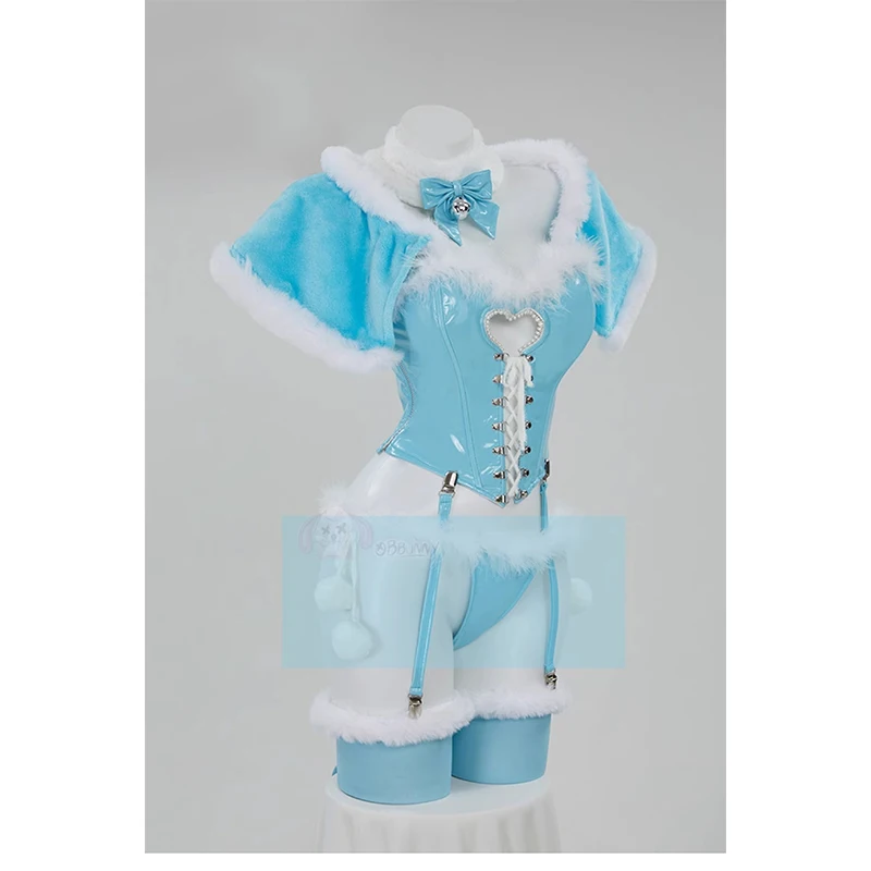 Women Lingerie Set Winter Christmas Blue White Furry Heart Hollow Top and Panty with Cloak Cosplay Costume