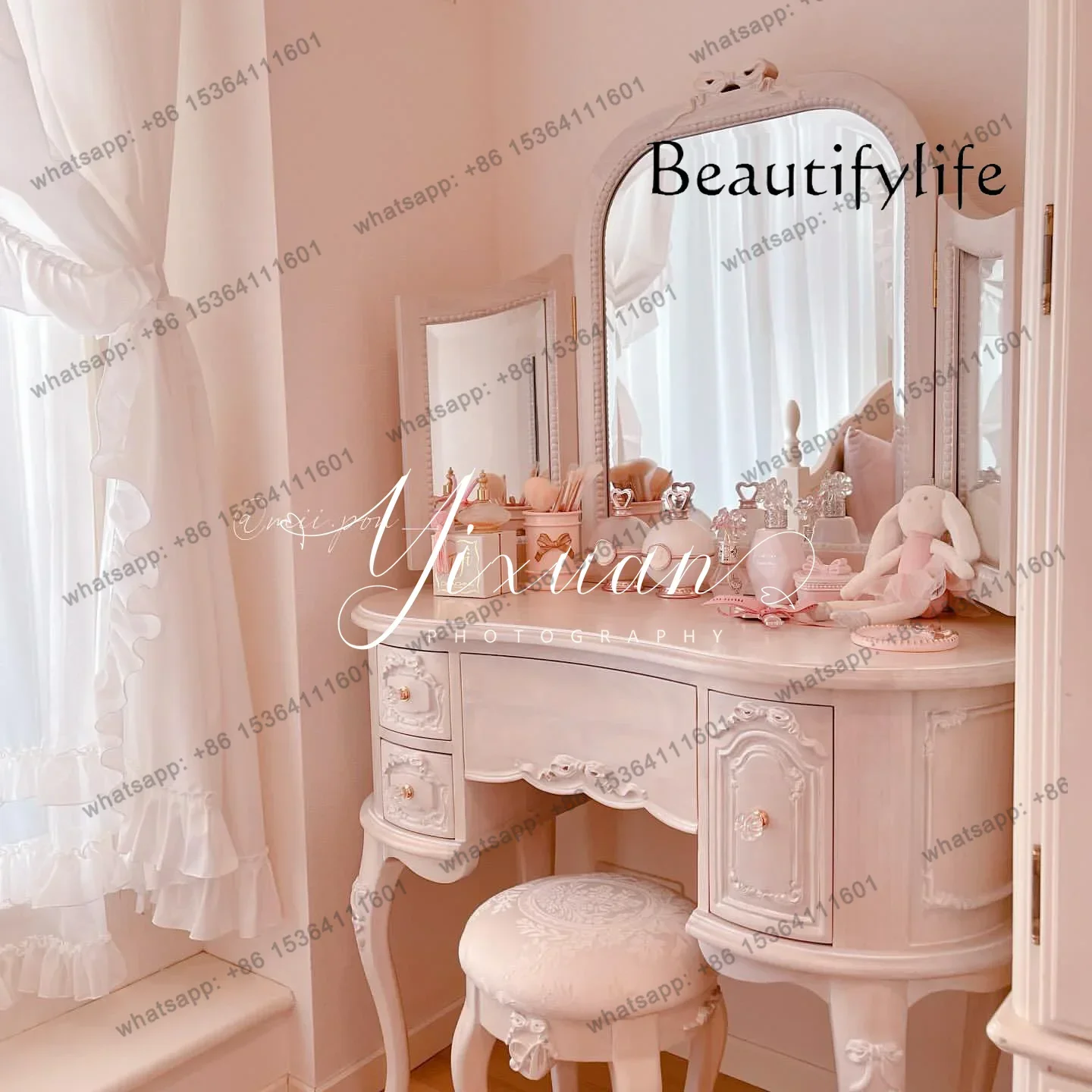 wood pink bedroom pink princess style dressing table American engraved flower with mirror dressing table