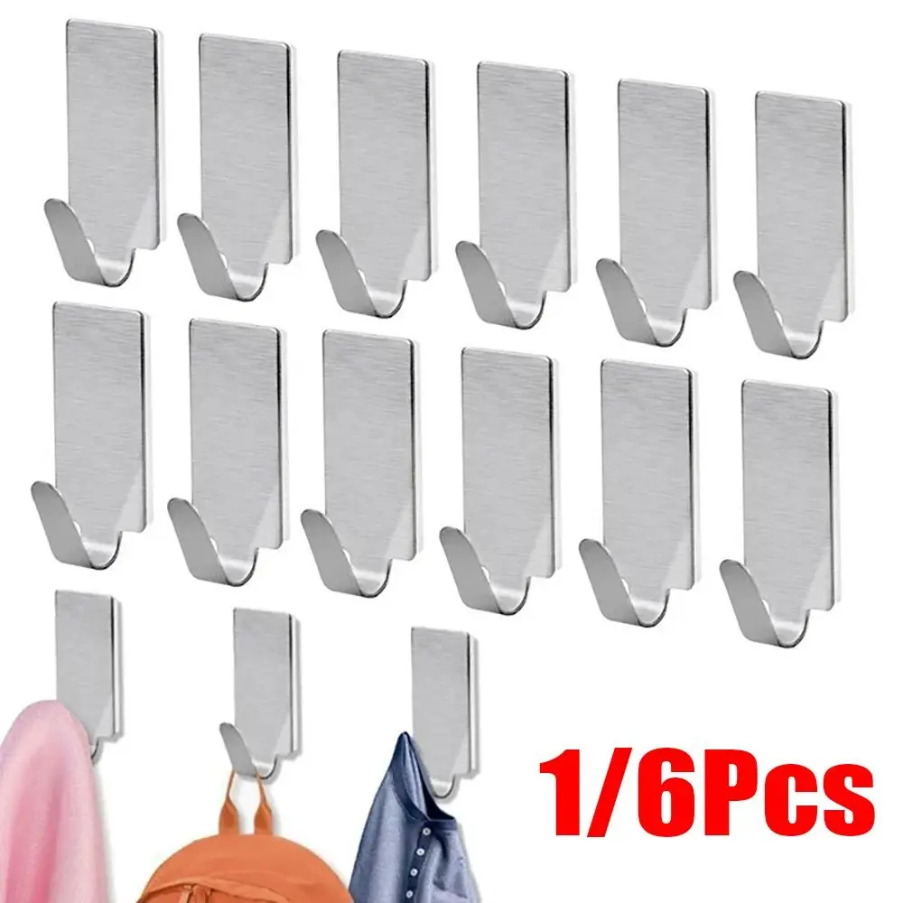 1/6Pcs Kitchen Bathroom Wall Hanger Hook Stainless Steel Small Bathroom Organizer Self Adhesive Multi-purpose Towel Rack Hanger