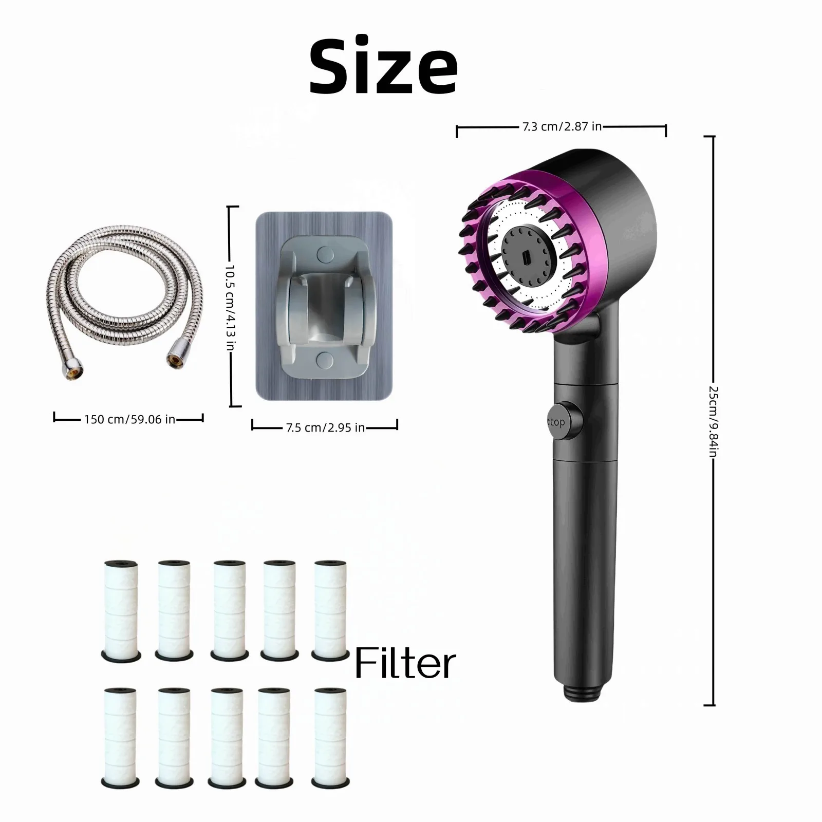 13PCS Black Purple High Pressure Water Saving Shower Head Set 3 Modes Adjustable with 10 Filter Shower Hose No Drill Bracket