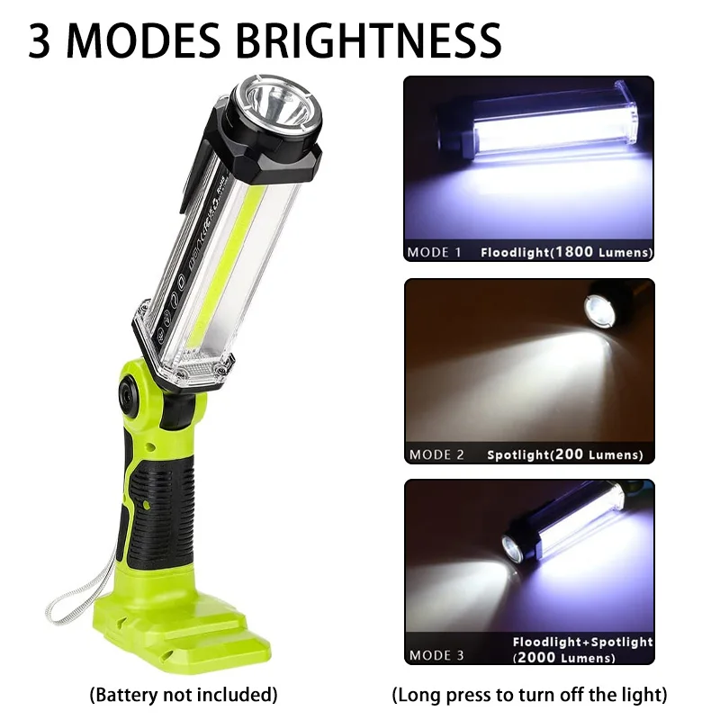 Cordless 2000LM LED Work Light for Ryobi 18V Li-ion NiCd NiMh Battery Portable Handheld Flashlight Floodlights Camping Lamp