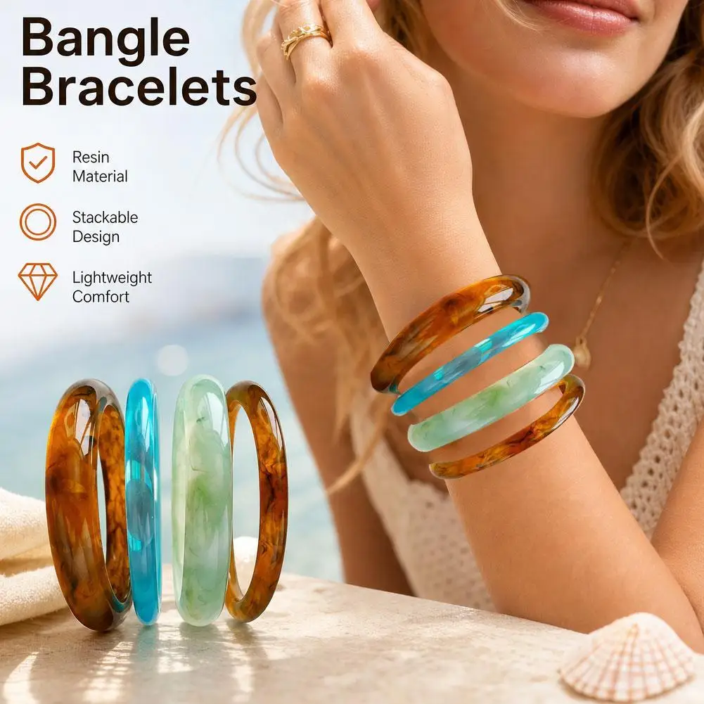 4Pcs Ice Blue Resin Bracelet Set Smooth Bangle Retro Chunky Round Bracelets Stackable Bracelet Jewelry For Women
